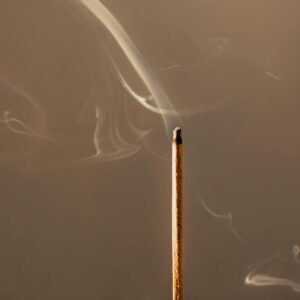 A tranquil close-up of a burning incense stick emitting delicate smoke against a neutral background.